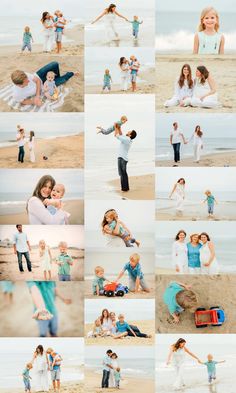 a collage of photos with people on the beach