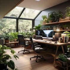 a home office with plants on the desk and shelves full of potted houseplants