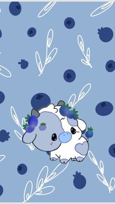 an animal with blue eyes is sitting in the middle of leaves and berries on a blue background