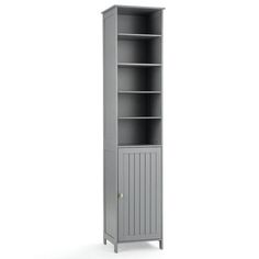 a tall gray bookcase with doors on the front and bottom, in an open position