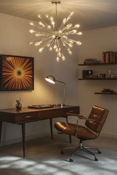 Warm and inviting home office mid century modern featuring vintage artwork and wood accents Unique Light Fixtures, Mid Century Modern Home, Diy Office