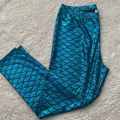 Nwot Teal Mermaid Leggings Size 2xl But Fits More Like An Xl Summer Stretch Mermaid Bottoms, Blue Stretch Mermaid Bottoms, Stretch Blue Mermaid Bottoms, Mermaid Pants, Teal Mermaid, Mermaid Leggings, Pants Blue, Blue Leggings, Colorful Leggings