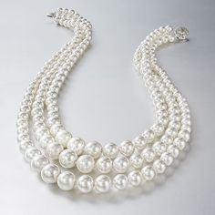 Ross-Simons - 6-12mm Shell Pearl Graduated Three-Strand Necklace, Silver. 18". Get a large, luxe pearl look at an easy price. We've triple-layered luminous strands of 6-12mm shell pearls in graduated lengths of 18", 19" and 21" for a fresh take on the traditional must-have necklace. Our shell pearls are lab-created from oyster shells to ensure durability and affordability. Fastens with a sterling silver box clasp. Layered white shell pearl necklace. Pearl birthstones are the perfect gift for Jun Elegant Long Necklace With 8mm Beads, Elegant Pearl White Necklace With 8mm Beads, Elegant Silver Necklace With 8mm Beads, Formal Pearl White Jewelry With 8mm Beads, Black Velvet Choker Necklace, Pearl Bar Necklace, Pearl Look, Personalized Charm Necklace, White Topaz Earrings