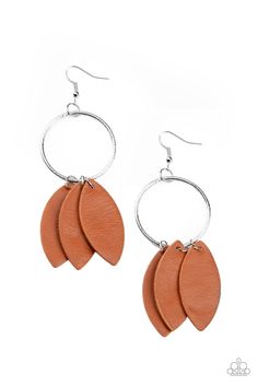 Leafy Adobe leather frames swing from the bottom of a textured silver hoop, creating an earthy fringe. Earring attaches to a standard fishhook fitting.

 Sold as one pair of earrings. Paparazzi Accessories Jewelry, Fringe Earring, Pink Jewels, Brown Earrings, Leather Frames, Paparazzi Accessories, Paparazzi Jewelry, Leather Silver, Silver Accents