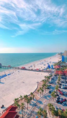 an aerial view of the beach and ocean with cars parked on the sand, palm trees in the foreground