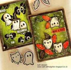 two halloween cards, one with an owl and the other with ghost faces