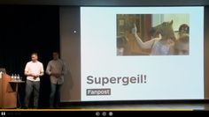 two men are standing in front of a projector screen with the words supergeil on it