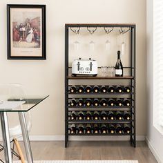 a wine rack with bottles and glasses on it in the corner of a dining room