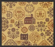 an old fashioned cross stitch pattern with houses and flowers on the front, in yellow