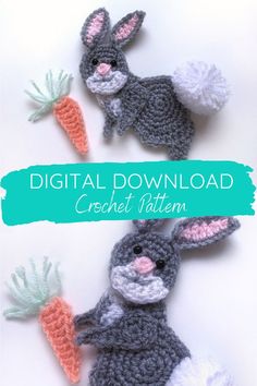 two crocheted rabbits with carrots in their mouths and the words digital download written below