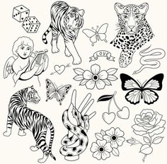 some animals and flowers are drawn in black and white