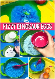 the process to make fizzy dinosaur eggs is shown with pictures and instructions for making them