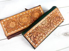 Tooled and soft natural leather  snap closure 8" x 5" Not customizable - handmade by American Darling Products Leather Sunflower, Wallet Tool, Tack Sets, Saddle Pads, Purse Strap, Soft Natural, Green Leather, Natural Leather, Leather Purses