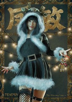 a woman in a dress and fur hat with lights around her head, standing on a poster