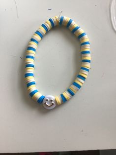 Blue, beige and yellow clay bead bracelets Yellow Bracelet Ideas, Yellow Bracelet Beads, Yellow Clay Bead Bracelet, Clay Bead Bracelets, Diy Beaded Rings, Blue Clay, Yellow Bracelet, Beige And Blue, Yellow Beige