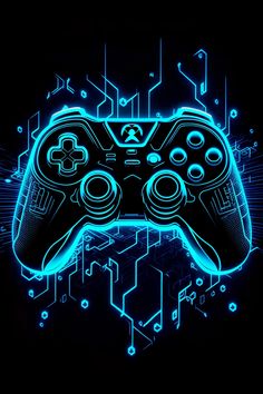 a glowing video game controller in front of an abstract circuit board background with hexagonal shapes