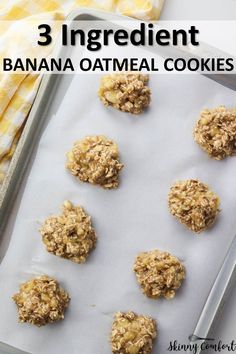 three ingredient banana oatmeal cookies on a baking sheet with text overlay