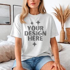 Our comfort colors white t-shirt model mockup on a boho bedroom background will surely make your design pop! After your purchase, you will recieve 1 JPG high resolution mockup image for instant download! REMINDER: This product is a DIGITAL DOWNLOAD, which means no physical item will be shipped. Kindly note that you must download and save the files to a computer, as downloading on a phone may not be supported. HOW TO ACCESS YOUR FILES: Upon completing your purchase, Etsy will send you an email containing a link to download your order. Additionally, you'll find an instant download link on your checkout page. You can access your downloadable files anytime by visiting your Etsy purchase page. Thank you for stopping by! Follow our shop for more exciting and unique mockups that will surely grow Custom Print Sublimation Design In White With Relaxed Fit, Relaxed Fit White Sublimation Design With Custom Print, White Sublimation Design T-shirt With Relaxed Fit, White Sublimated Graphic Tee With Relaxed Fit, White Graphic Tee With Relaxed Fit And Sublimation Design, White Shirt With Sublimation Print And Relaxed Fit, White Shirt With Sublimation Print Relaxed Fit, White Custom Print Shirt With Relaxed Fit, White Shirt With Custom Print In Relaxed Fit