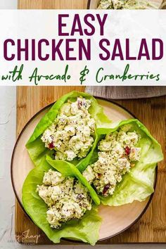 easy chicken salad with avocado and cranberries on lettuce leaves