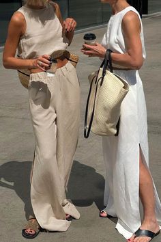 Elastic Waist Tank Top Slit Wide Leg Long Pants Suits – AROLORA Linen Two Piece, All White Two Piece Outfit, Linen Sets Outfit, Linen Outfits For Women, Linen Set Outfit, Summer Linen Outfits, Linen Summer Outfits, Summer Two Piece Outfits, Linen Outfit