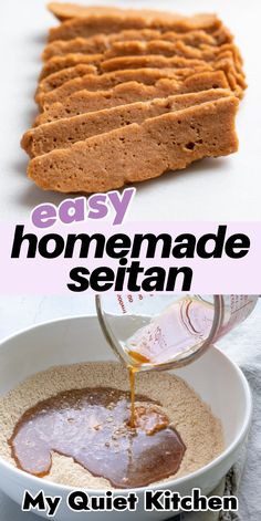 homemade seitan recipe in a bowl with text overlay