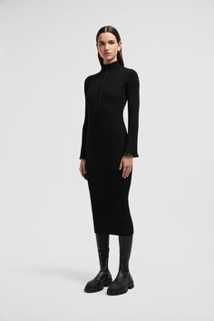 A sophisticated addition to a cold weather wardrobe, this midi dress is crafted from a soft blend. Personalized Jacket, Midi Dress Black, Turtleneck Sweater Dress, Cardigan Shirt, Outerwear Outfit, Fall Jackets, Dress With Cardigan, Lightweight Knit, Ski Jacket