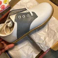 Brand New Footmates Size 10.5 White Non-slip Leather Sneakers, Gray Low-top Sneakers With Soft Sole, White Closed Toe Sneakers With Soft Sole, White Sneakers With Round Toe For Playtime, Classic White Sneakers For School, Cheer Dress, Cheer Shoes, Taupe Dress, Navy Blue Shoes