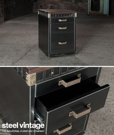 an old dresser has been transformed into a modern desk with brass handles and drawers for storage