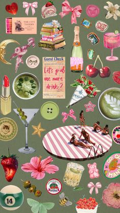 a collage of various items on a green background with pink and white stripes,