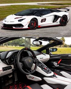 the interior and cockpit of a white sports car with red trimmings on it