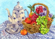 a painting of fruit in a basket next to a teapot