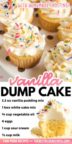 an advertisement for vanilla cupcakes with white frosting and sprinkles