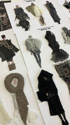 several different types of scarves are displayed on a white sheet with black laces