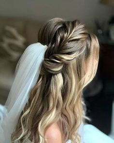 a woman with blonde hair and a veil on her head, wearing a wedding dress