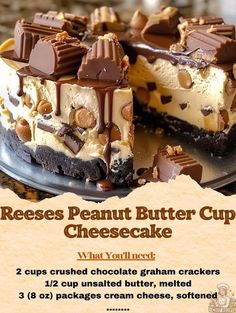 an advertisement for reeses peanut butter cup cheesecake on a plate with chocolate and marshmallows