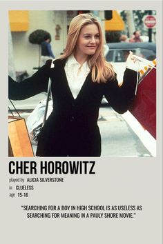 an advertisement for a high school movie starring cher horowwtz, who is holding shopping bags