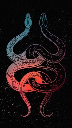 an image of two snakes in the dark with red, blue and green colors on it