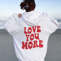 Daily Positivity: I LOVE YOU MORE ★ HOW TO ORDER ★ 1. Select the type: Hoodie or Sweatshirt 2. Select the size 3. Select the quantity 4. Add to cart ★ HOODIE & SWEATSHIRT DETAILS ★ * 50% Cotton 50% Polyester * Classic fit - runs true to size * Made-to-order * Digitally printed design (DTG)  Slight color variations may occur due to the dyeing process Order a size or two up for an oversized tee fit Shop exclusive designs made by She's Gold Co. Lifestyle brand that aspires to empower and inspire wo Kpop Hooded Sweatshirt With Letter Print, Kpop Style Hoodie With Letter Print, Daily Positivity, Unique Love Quotes, I Live You, Clever Captions For Instagram, Trendy Crewneck, Hoodie Quotes, Sweatshirt Details