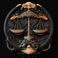 the libra symbol in gold and black with an ornate design on it's face