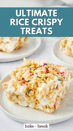 rice krispy treats on white plates with text overlay that reads ultimate rice crispy treats