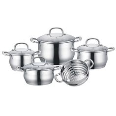 stainless steel cookware set with lids and strainers