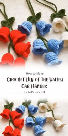 crochet lily of the valley car hanger is shown in red, white and blue