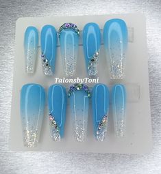 Sky blue with iridescent rhinestones and glitter. Hand painted with long lasting durable gel polish and strengthened with builder gel so they are sturdy and reusable. All sizes are available. Leave your sizes in the "notes" section or message me. Sky Blue Nails Design, Nail Art Bleu, Pastel Blue Nails, Sky Blue Nails, Blue Ombre Nails, Queen Nails, White And Silver Nails, Blue Acrylic Nails, Aesthetic Nails