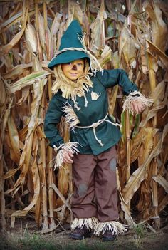 a scarecrow is standing in front of a corn cob fence with his hands on his hips