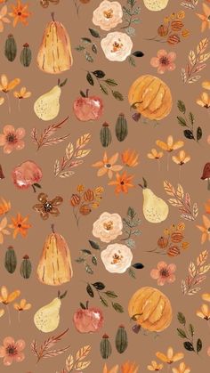 a brown background with oranges, apples and flowers on it's sides is shown