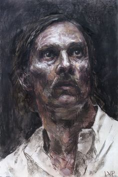 a drawing of a man in white shirt