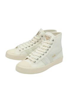 Elevate your fashion game with Gola Coaster High-Top Sneakers for Women in White! These sneakers have a canvas upper and rubber sole, for long lasting style and comfort. With the classic Gola stripes on the side and the high top style, these sneakers will go with any outfit. Features: Gola Style: CLA205OFF WHITE/GOLD Color: White Women's sneakers High-top style Lace up design Off White/gold stripes on the side Women In White, Hightop Sneakers, Gold C, White Sneakers Women, Sneakers For Women, Gold Stripes, Women's Sneakers, Fashion Games, High Top