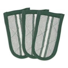 three green and white striped oven mitts