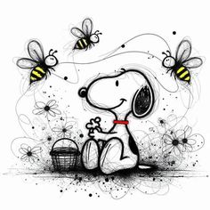 a drawing of a dog with bees flying around