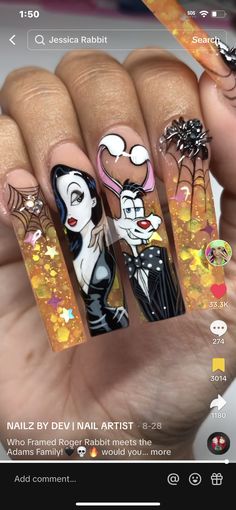 Halloween Characters Nails, Horror Nail Art Designs, Jessica Rabbit Nails Art, Oogey Boogey Nails, Betty Boop Halloween Nails, Joker Nails Acrylic, Jessica Rabbit Acrylic Nails, Chucky And Tiffany Nails, Roger Rabbit Nail Art